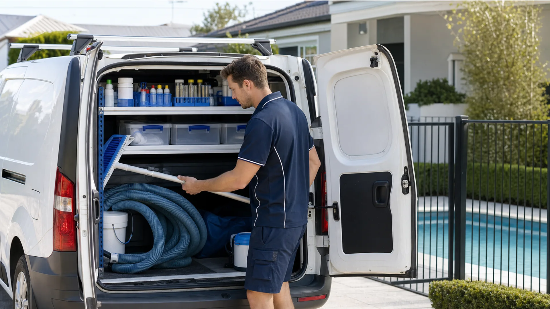 Pool service technician with clean service tools beside a Melbourne home